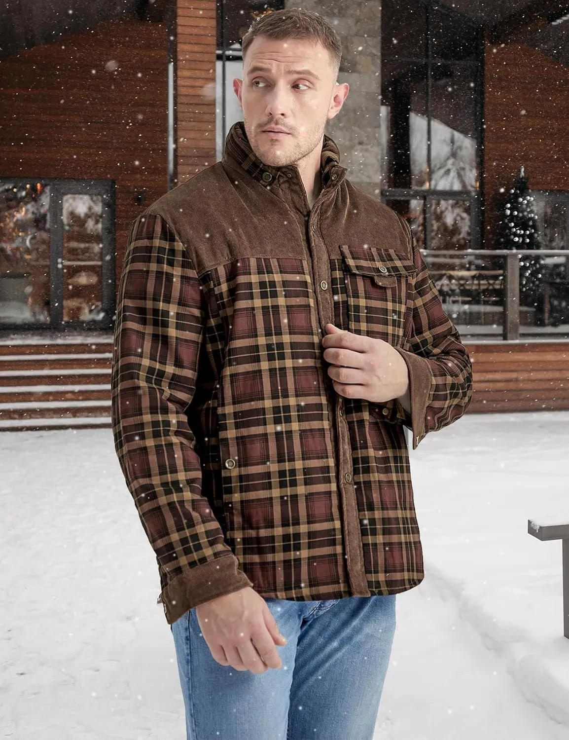 Eisctnd Men's Sherpa Lined Flannel Jacket Outdoor Long Sleeve Plaid Fleece Shirt Warm Casual Button Down Coat