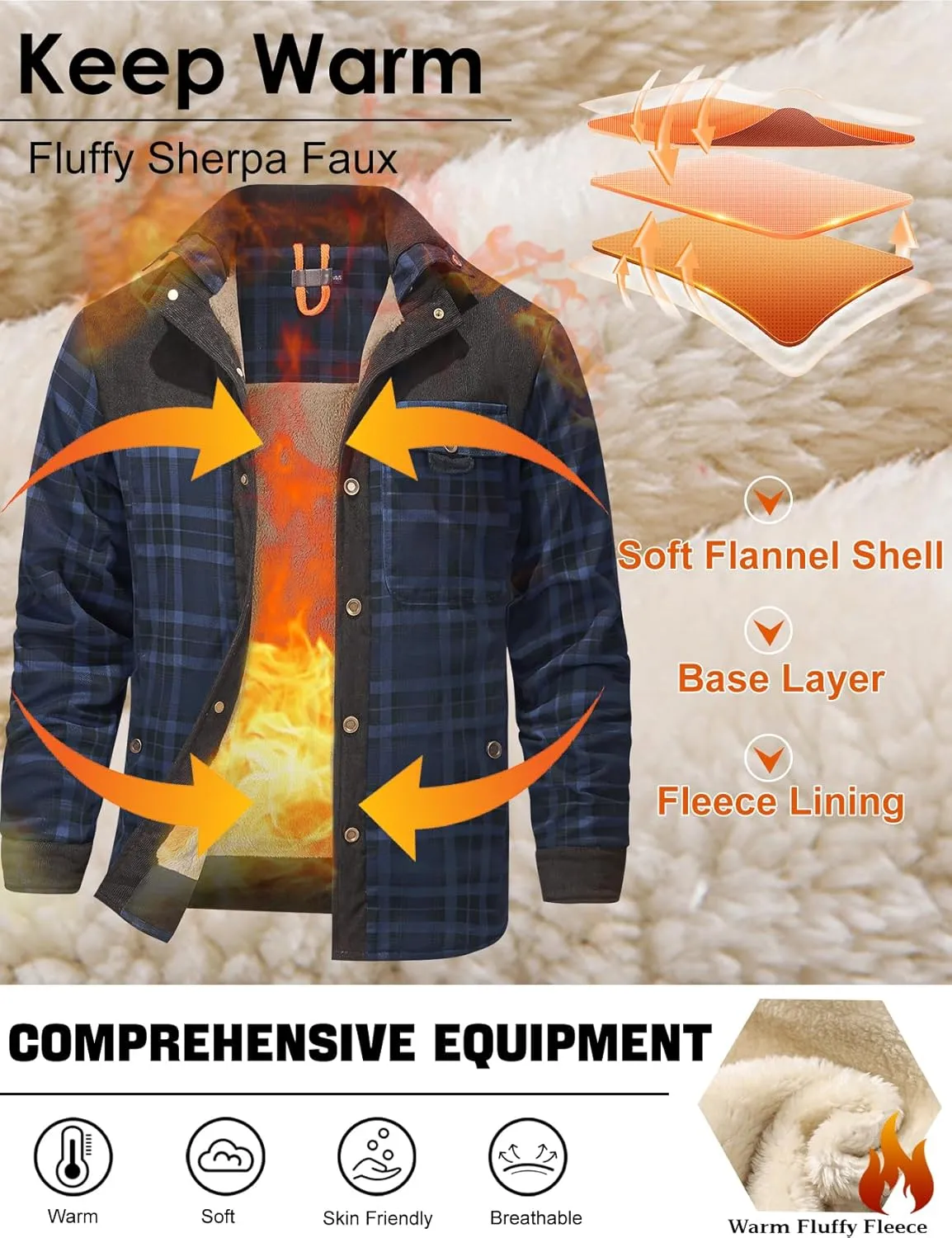 Eisctnd Men's Sherpa Lined Flannel Jacket Outdoor Long Sleeve Plaid Fleece Shirt Warm Casual Button Down Coat