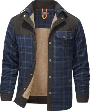 Eisctnd Men's Sherpa Lined Flannel Jacket Outdoor Long Sleeve Plaid Fleece Shirt Warm Casual Button Down Coat