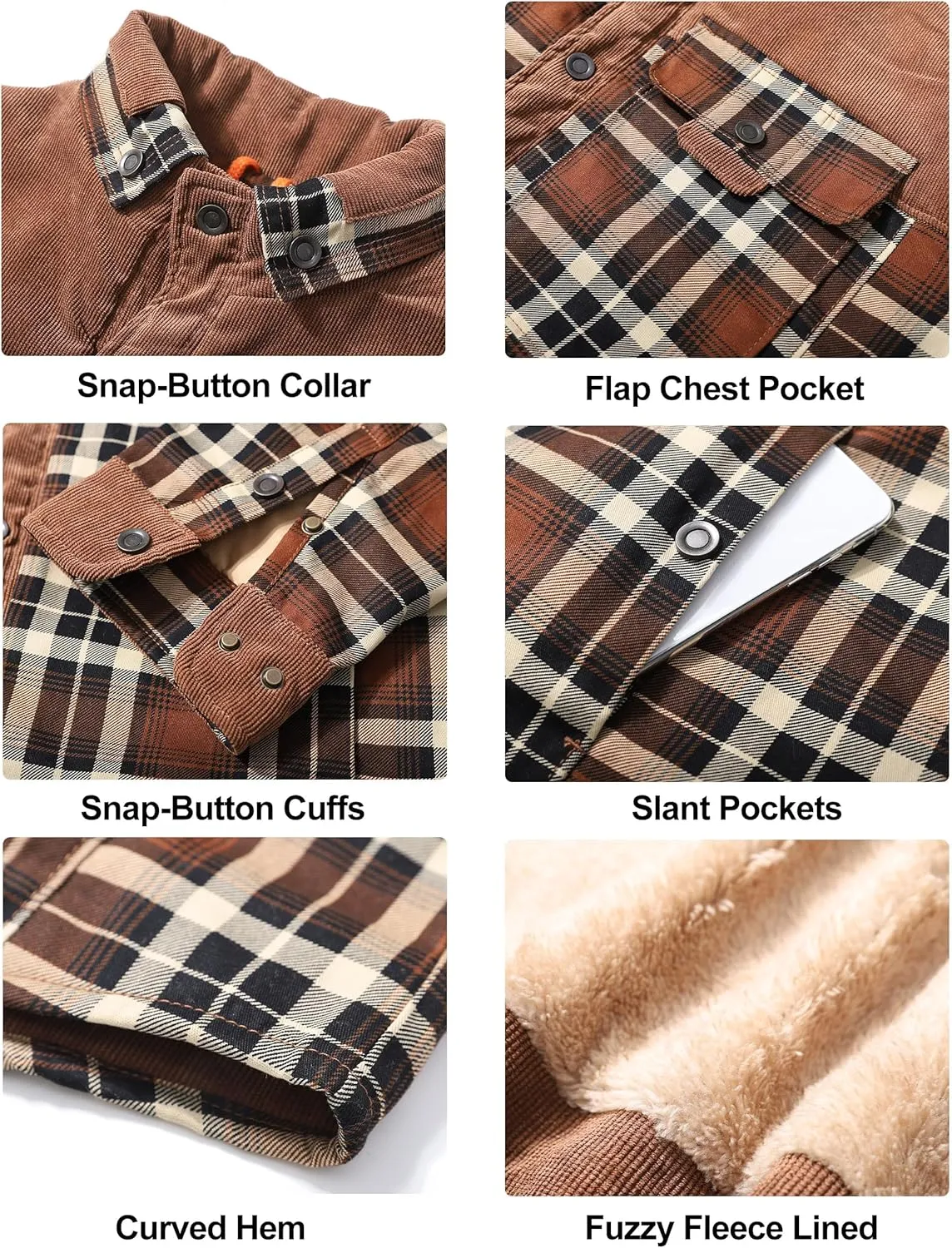 Eisctnd Men's Sherpa Lined Flannel Jacket Outdoor Long Sleeve Plaid Fleece Shirt Warm Casual Button Down Coat