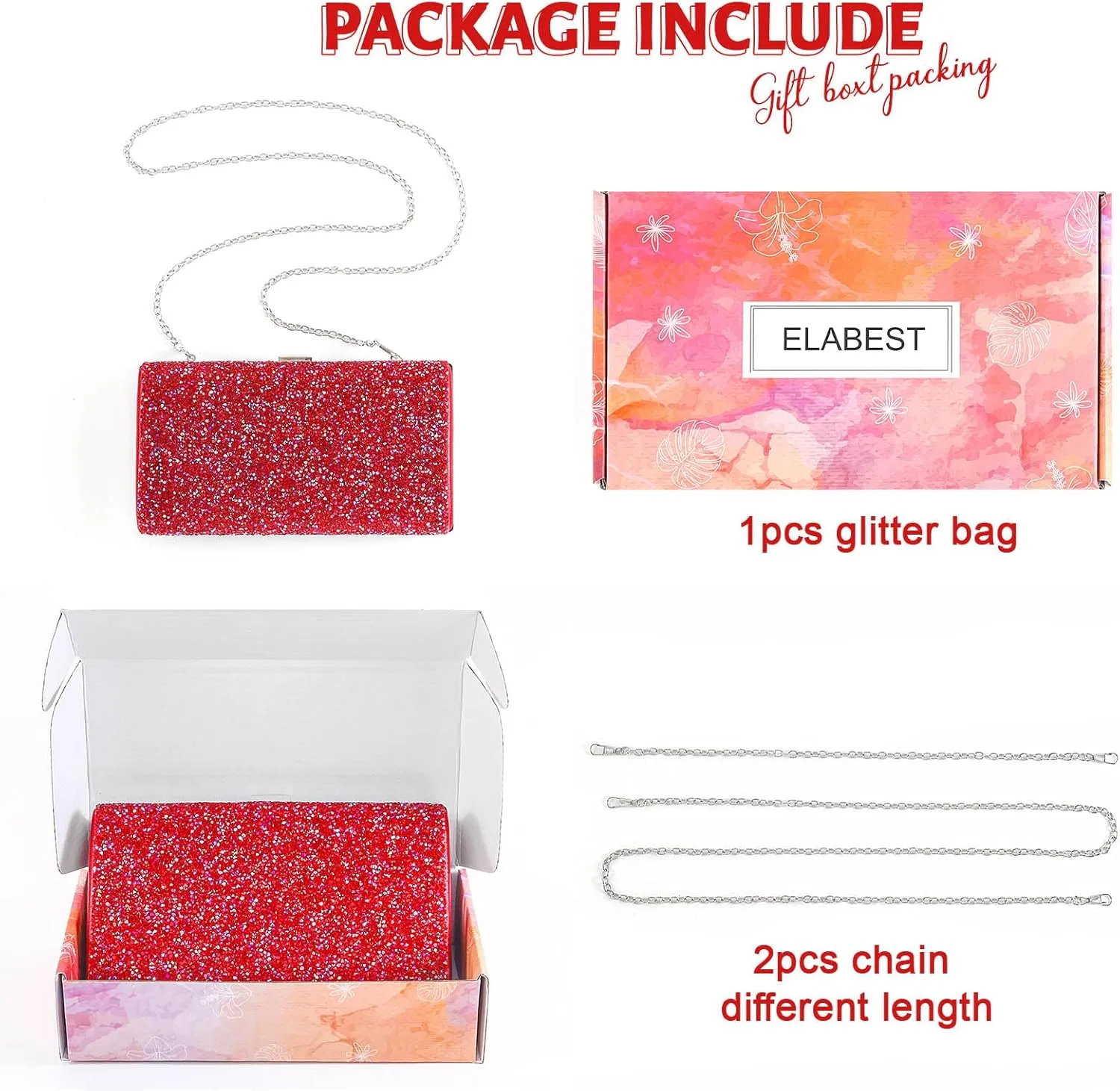ELABEST Glitter Evening Clutch Bag Double Sided Diamond Bag Crossbody Purse Wedding Party Bag for Women