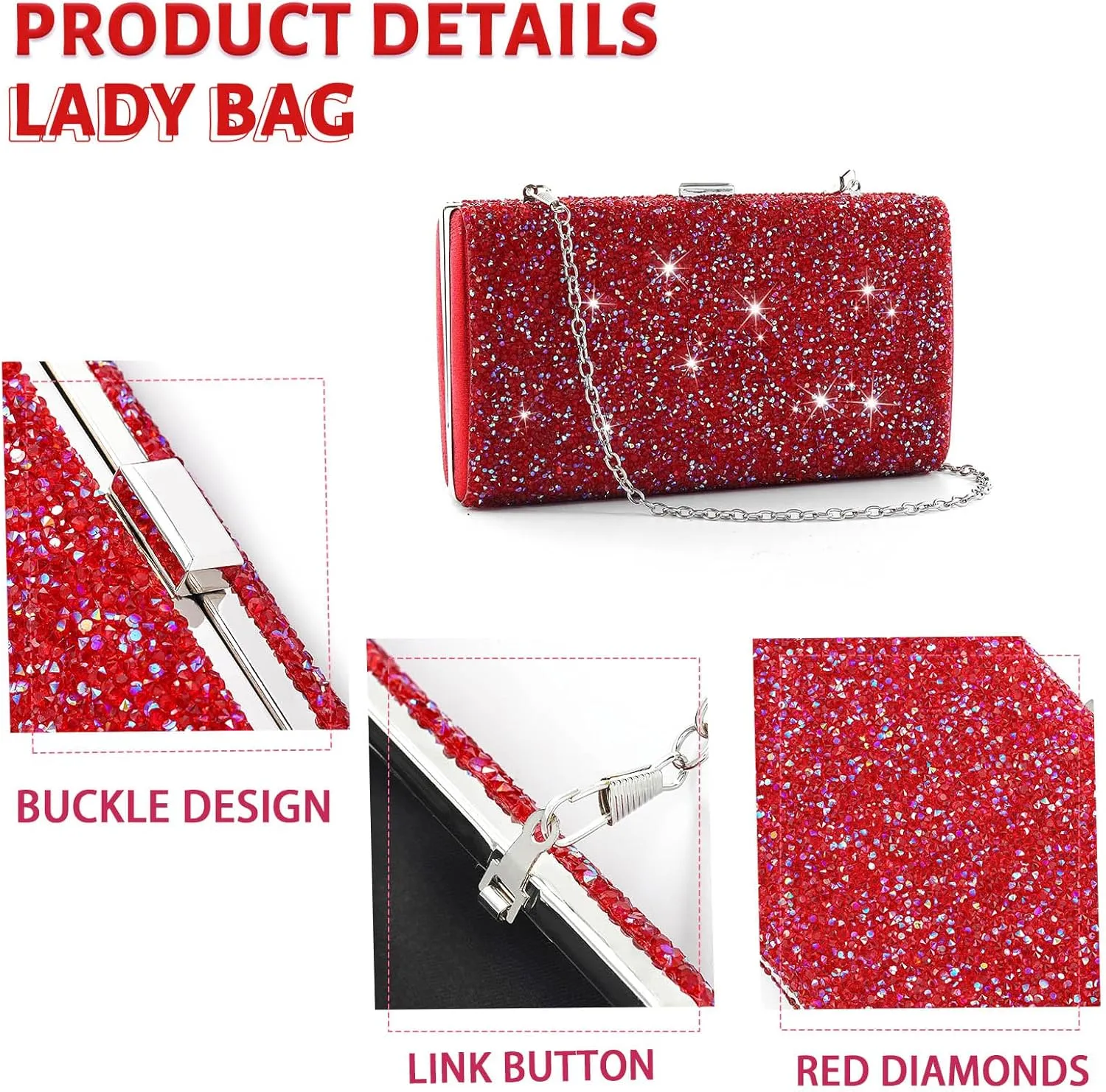 ELABEST Glitter Evening Clutch Bag Double Sided Diamond Bag Crossbody Purse Wedding Party Bag for Women