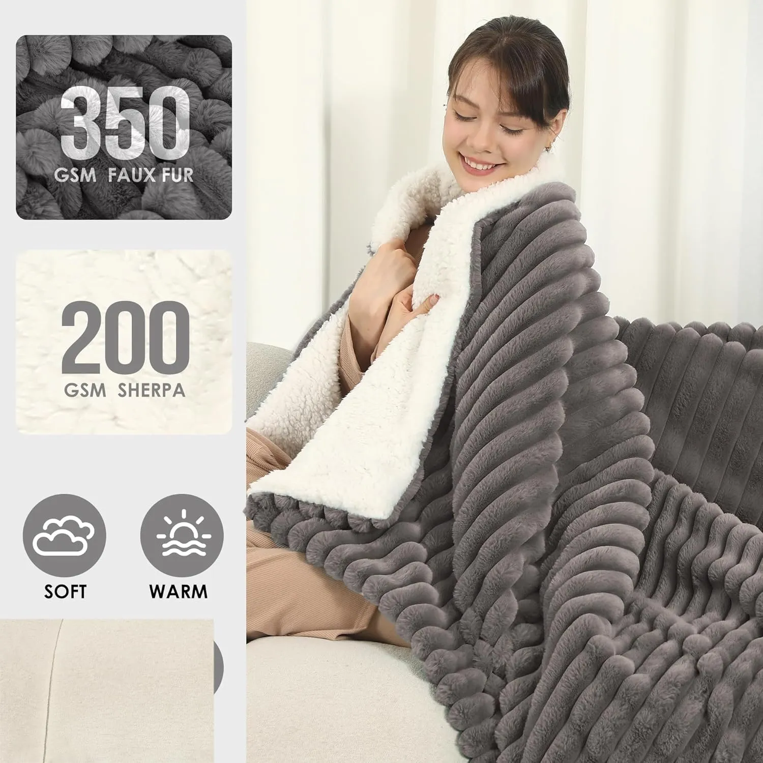 Electric Blanket Throw Size 50x60 Inches, Extra Thick 350GSM Luxury Faux Fur Plus 200GSM Sherpa with 3D Strip Design, Fast Heating with ETL Certified, Machine Washable, Gray