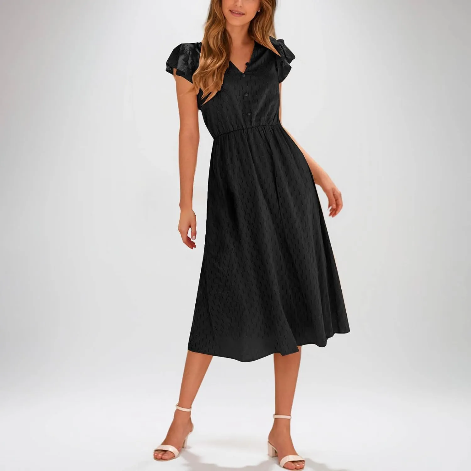 Elegant Dresses for Women Vintage Ruffle Sleeve V Neck Dress Slimming Stretch Waist Maxi Skirts Working Concert