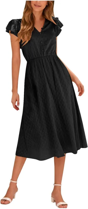 Elegant Dresses for Women Vintage Ruffle Sleeve V Neck Dress Slimming Stretch Waist Maxi Skirts Working Concert