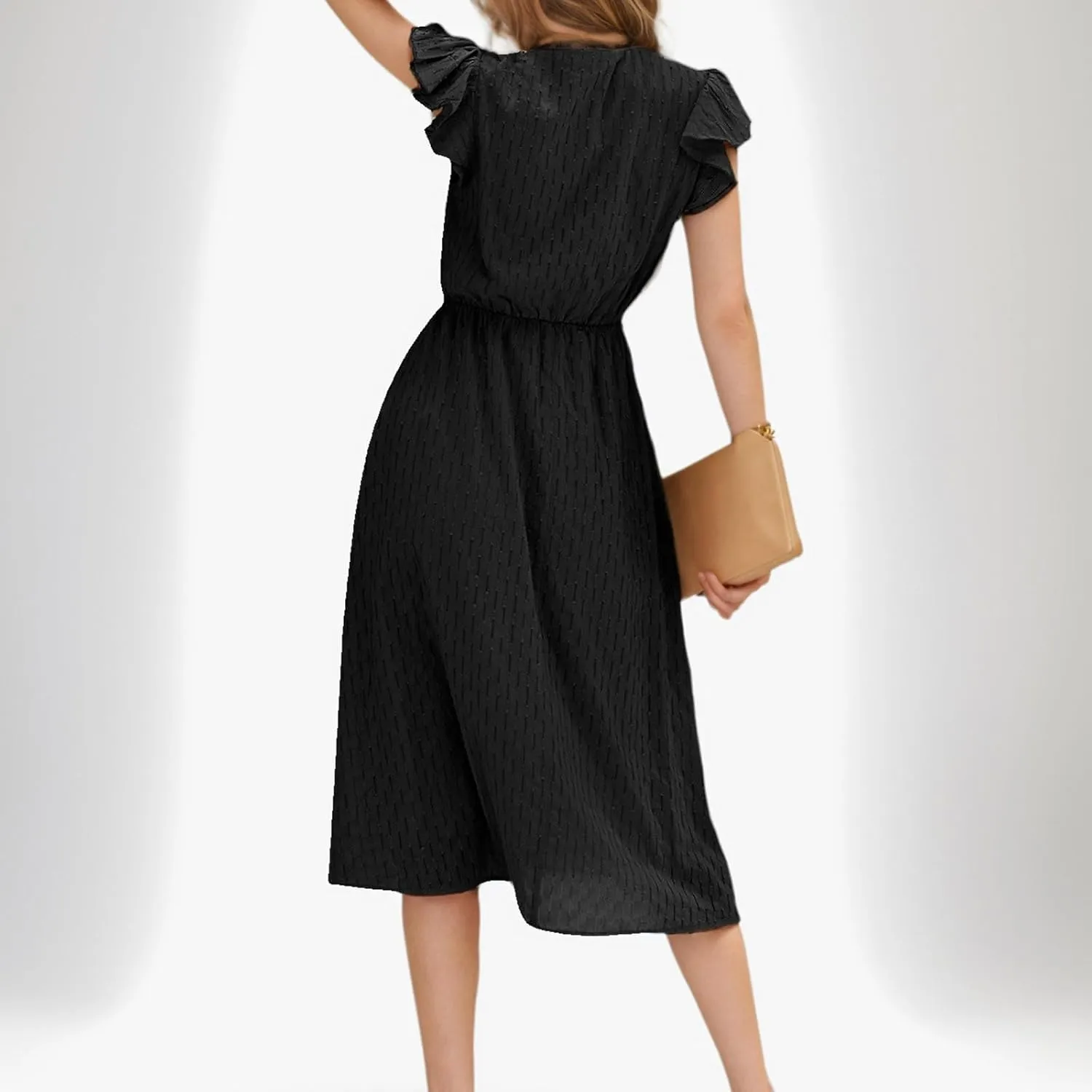 Elegant Dresses for Women Vintage Ruffle Sleeve V Neck Dress Slimming Stretch Waist Maxi Skirts Working Concert
