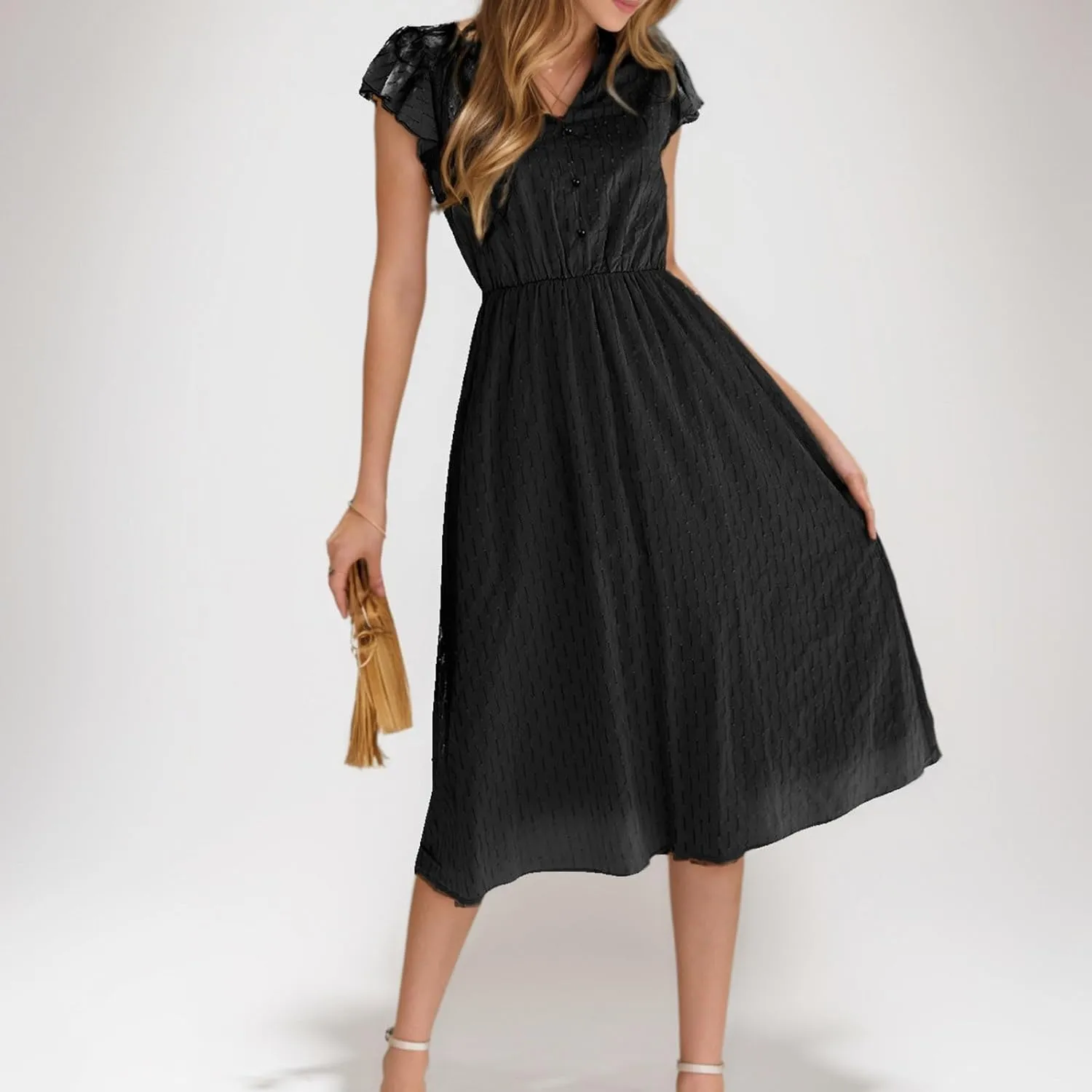 Elegant Dresses for Women Vintage Ruffle Sleeve V Neck Dress Slimming Stretch Waist Maxi Skirts Working Concert