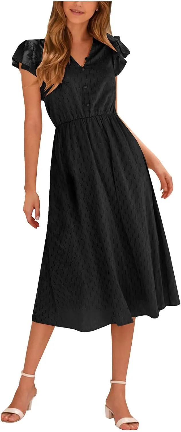 Elegant Dresses for Women Vintage Ruffle Sleeve V Neck Dress Slimming Stretch Waist Maxi Skirts Working Concert