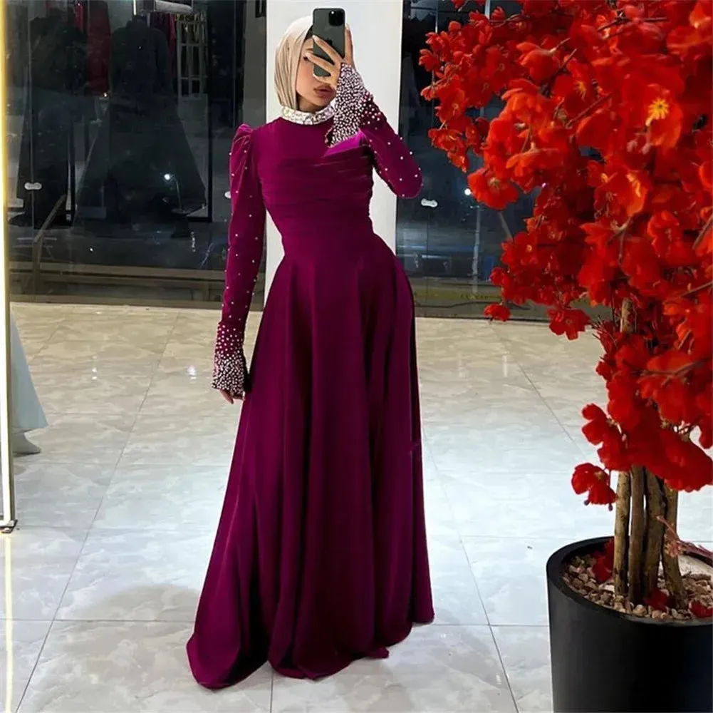 Elegant Muslim Saudi Arabia Prom Dress Mermaid High Neck Long Sleeves Sequineds Formal Evening Dress Women Party Gown