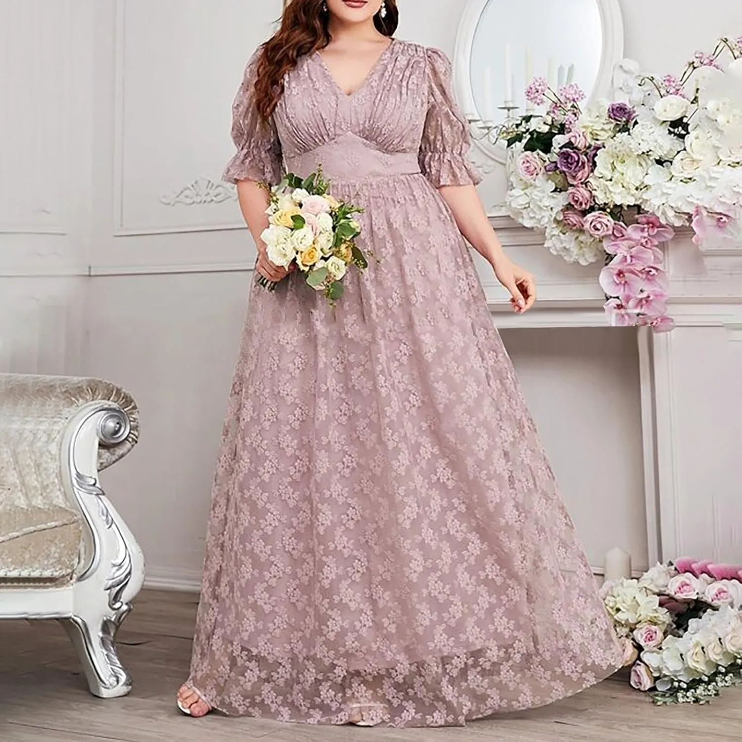 Elegant V Neck Dress for Women Fashionable Ruffle Sleeve Chiffon Midi Skirt Front Tie Wrap Comfy Dresses Prom Gowns