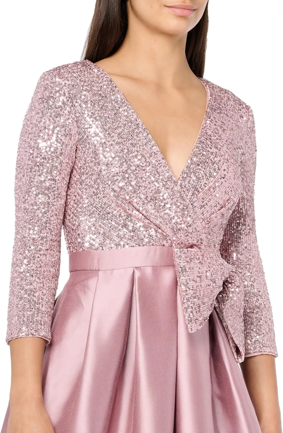 Eliza J Women's 3/4 Sleeve Sequined Satin Gown with Bow Detail