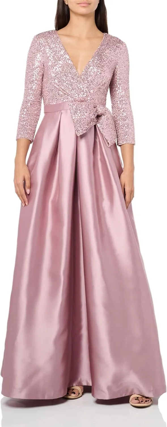 Eliza J Women's 3/4 Sleeve Sequined Satin Gown with Bow Detail