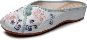 Embroidered Flower Women's Shoes Backless Mules Comfortable Flats Round Toe Loafers Chinese Style Canvas Slippers Cute Sandals