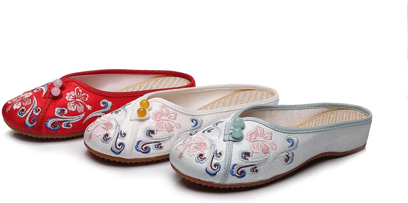 Embroidered Flower Women's Shoes Backless Mules Comfortable Flats Round Toe Loafers Chinese Style Canvas Slippers Cute Sandals