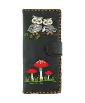 Embroidered Owl Long Wallet - blue & black