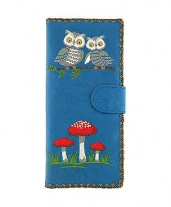 Embroidered Owl Long Wallet - blue & black