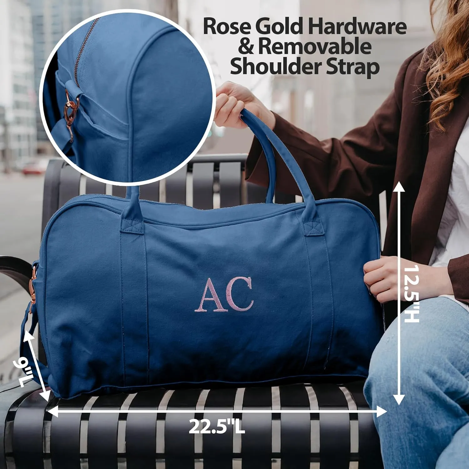Embroidered Travel Duffle Bag with Name, Waterproof Personalized Weekender Bag, Custom Carry On Tote Bags for Women, Travel Essentials Gym Bag, Customized Hospital Bag, Overnight Luggage Bag - Navy