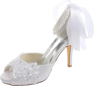 Emily Bridal Wedding Shoes Peep High Heel Ivory Ankle Strap Pearl Sequined Bridal Shoes with Ribbon Bow