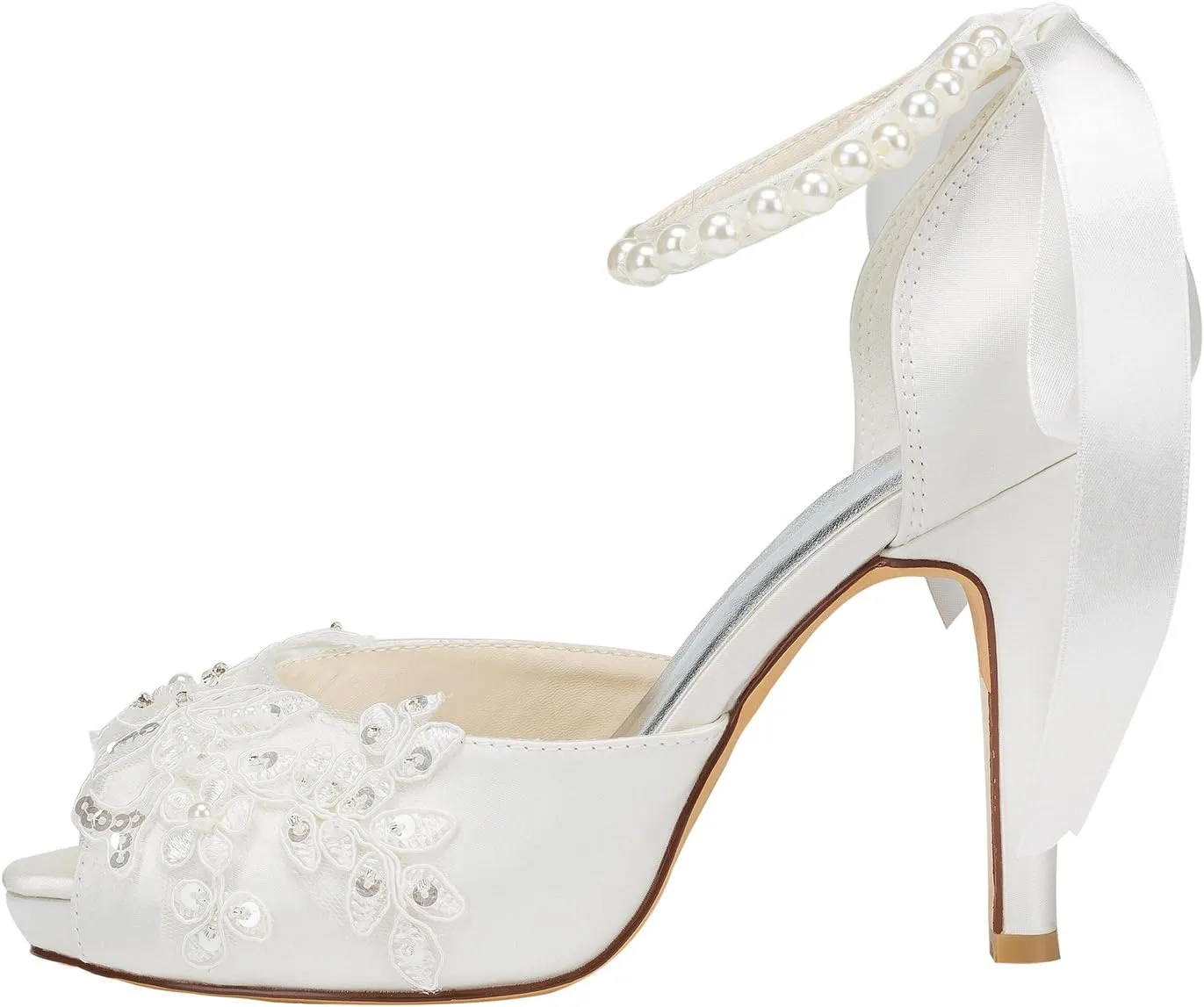 Emily Bridal Wedding Shoes Peep High Heel Ivory Ankle Strap Pearl Sequined Bridal Shoes with Ribbon Bow