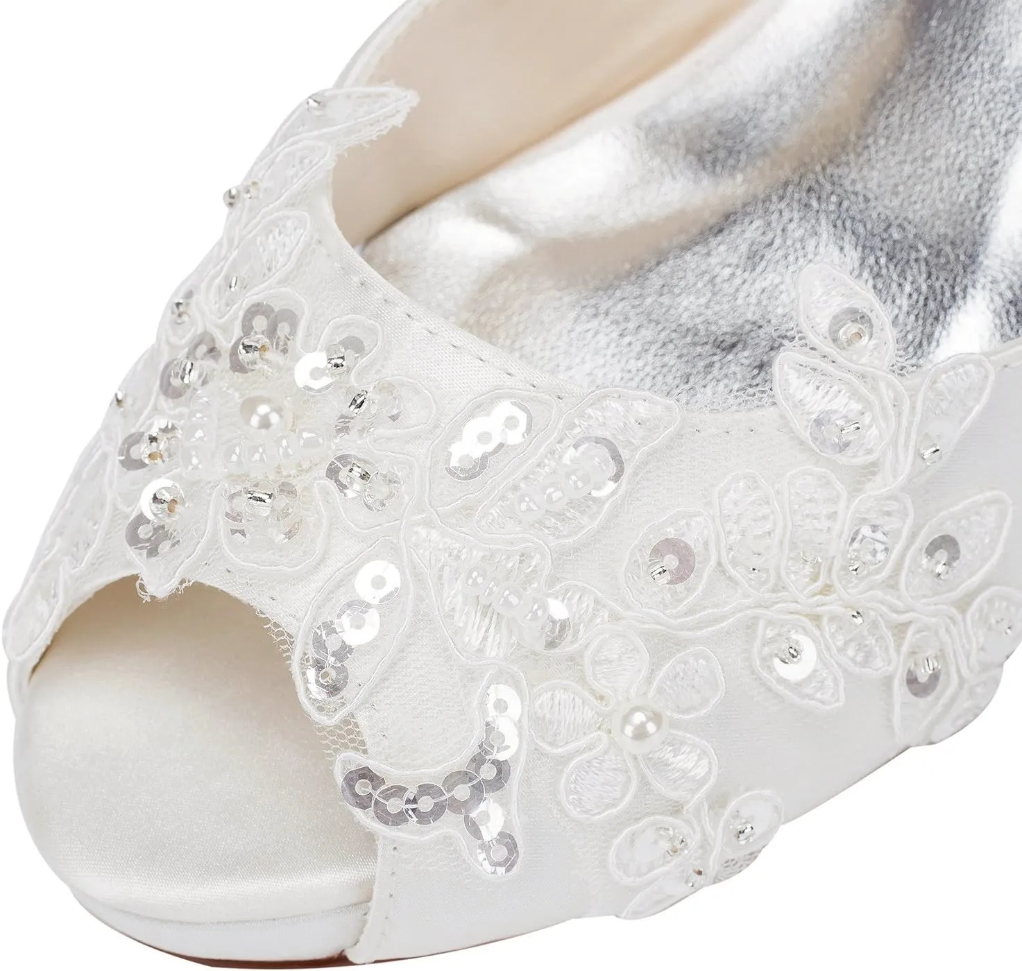 Emily Bridal Wedding Shoes Peep High Heel Ivory Ankle Strap Pearl Sequined Bridal Shoes with Ribbon Bow