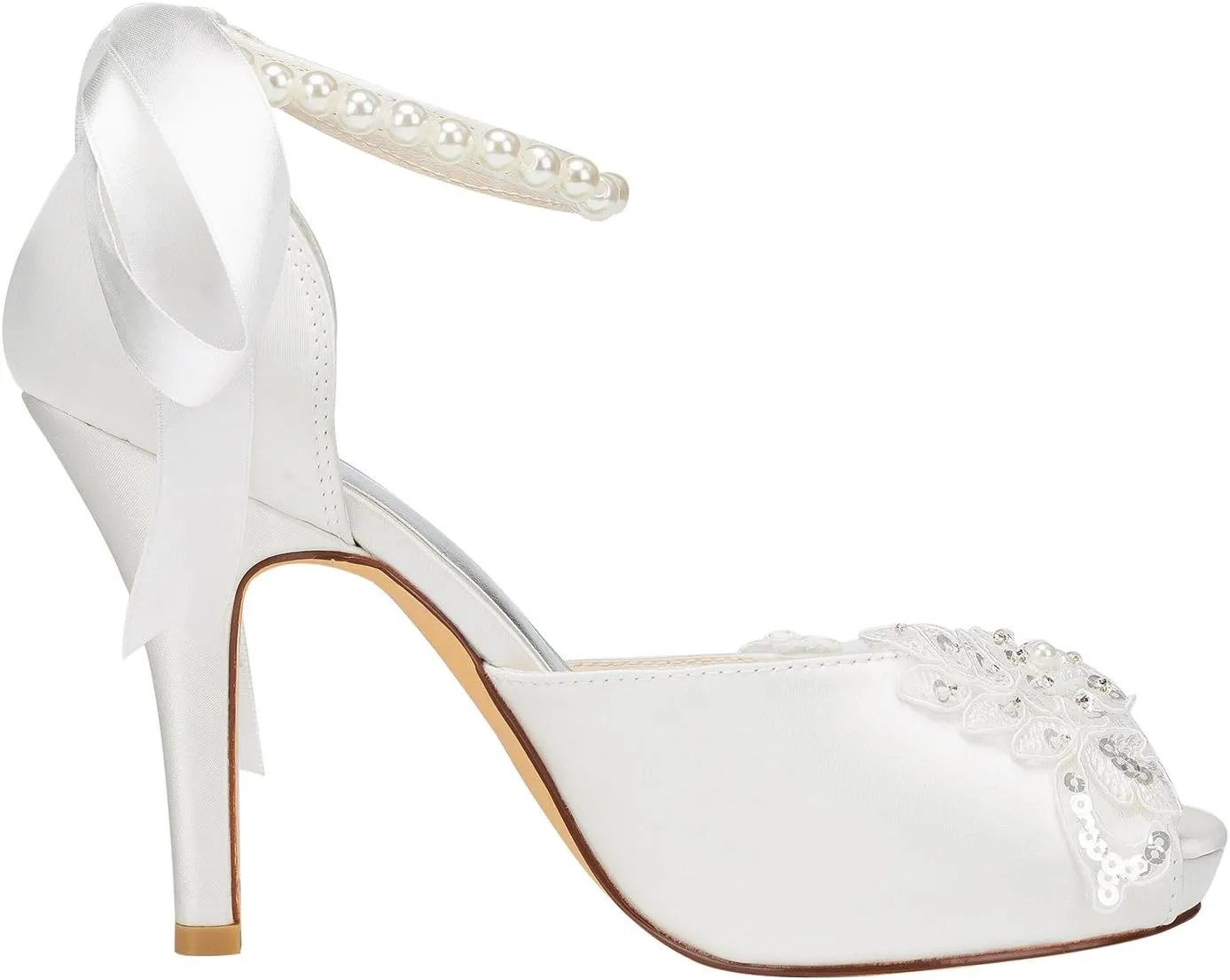 Emily Bridal Wedding Shoes Peep High Heel Ivory Ankle Strap Pearl Sequined Bridal Shoes with Ribbon Bow