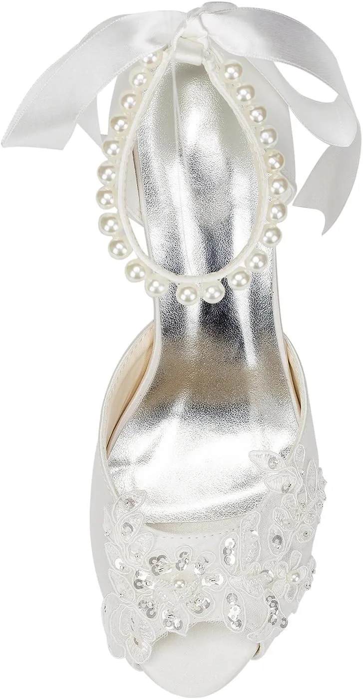 Emily Bridal Wedding Shoes Peep High Heel Ivory Ankle Strap Pearl Sequined Bridal Shoes with Ribbon Bow