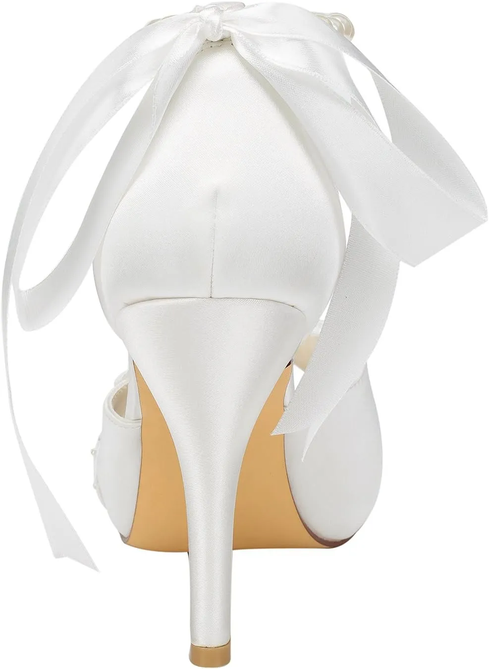 Emily Bridal Wedding Shoes Peep High Heel Ivory Ankle Strap Pearl Sequined Bridal Shoes with Ribbon Bow