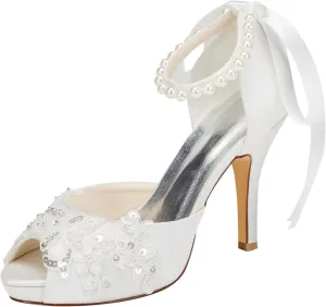 Emily Bridal Wedding Shoes Peep High Heel Ivory Ankle Strap Pearl Sequined Bridal Shoes with Ribbon Bow