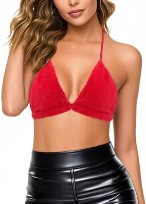 Erinaco Women's Fluffy Plush Crop Top Sexy Bra Halter Lace-up Bikini Bralette Tank Tops Cami