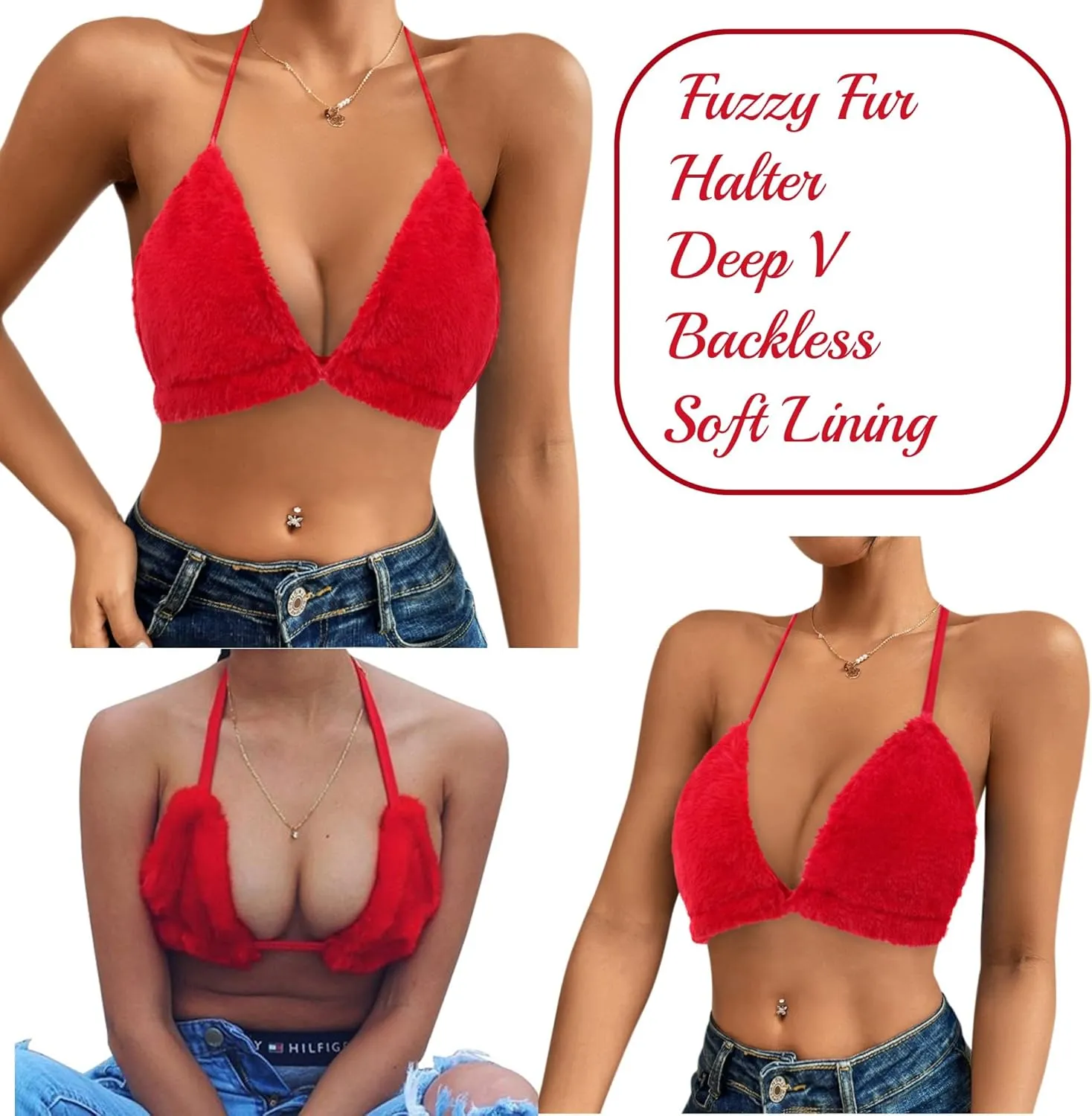 Erinaco Women's Fluffy Plush Crop Top Sexy Bra Halter Lace-up Bikini Bralette Tank Tops Cami