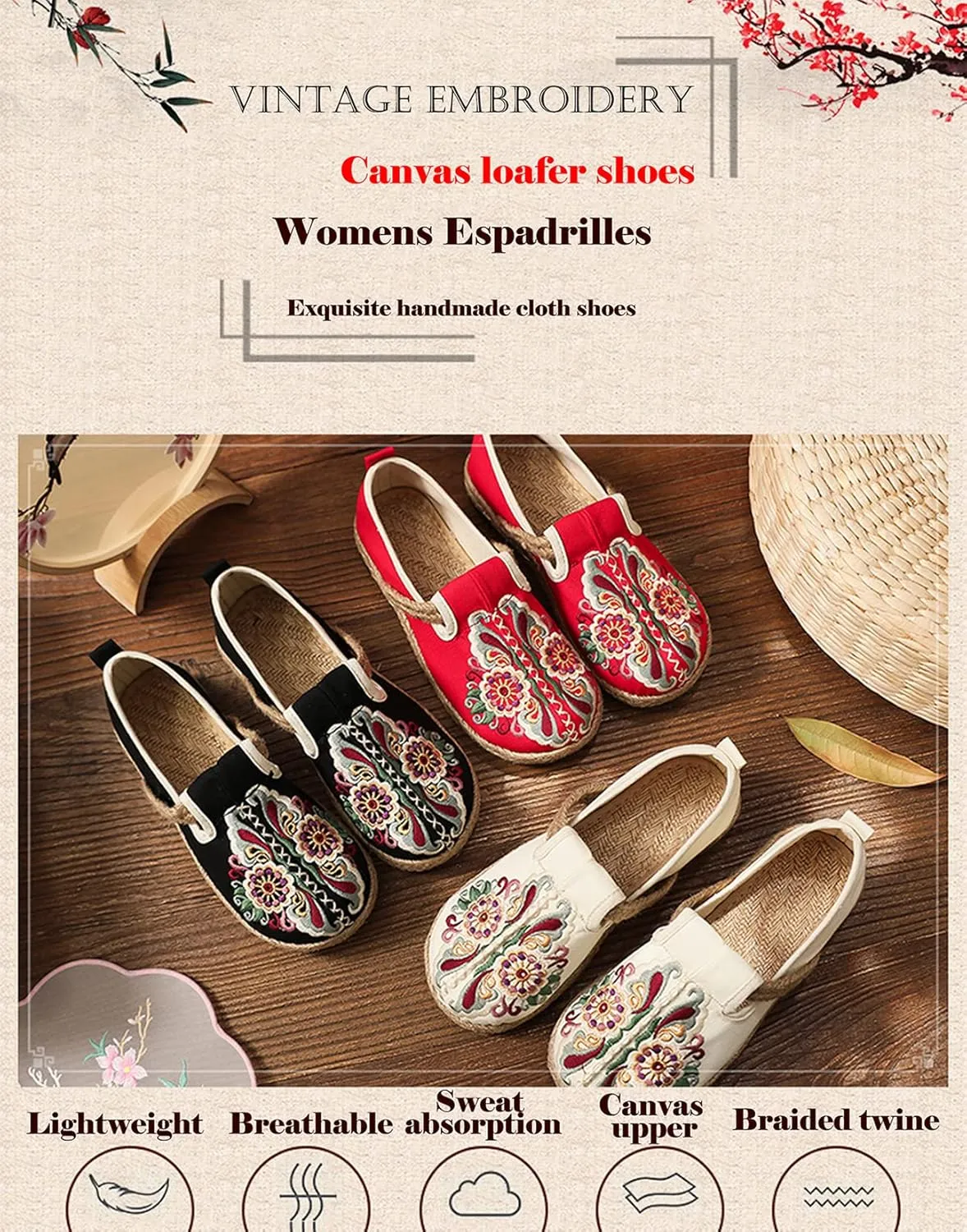 Espadrilles for Women Flats Canvas Loafers & Slip-ons Ethnic Style Embroidered Shoes Casual Comfort House Shoes