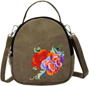 Ethnic Style Embroidered Canvas Crossbody Bag Portable Peony Small Handbag For Women