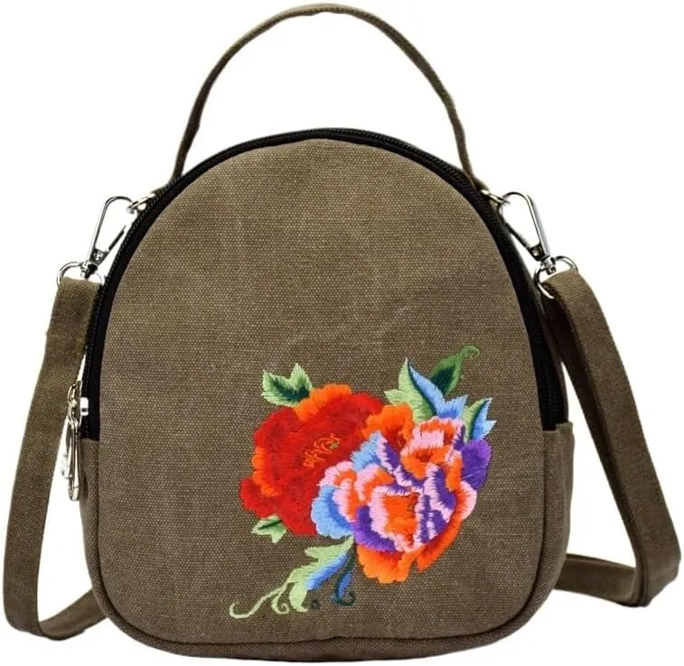 Ethnic Style Embroidered Canvas Crossbody Bag Portable Peony Small Handbag For Women