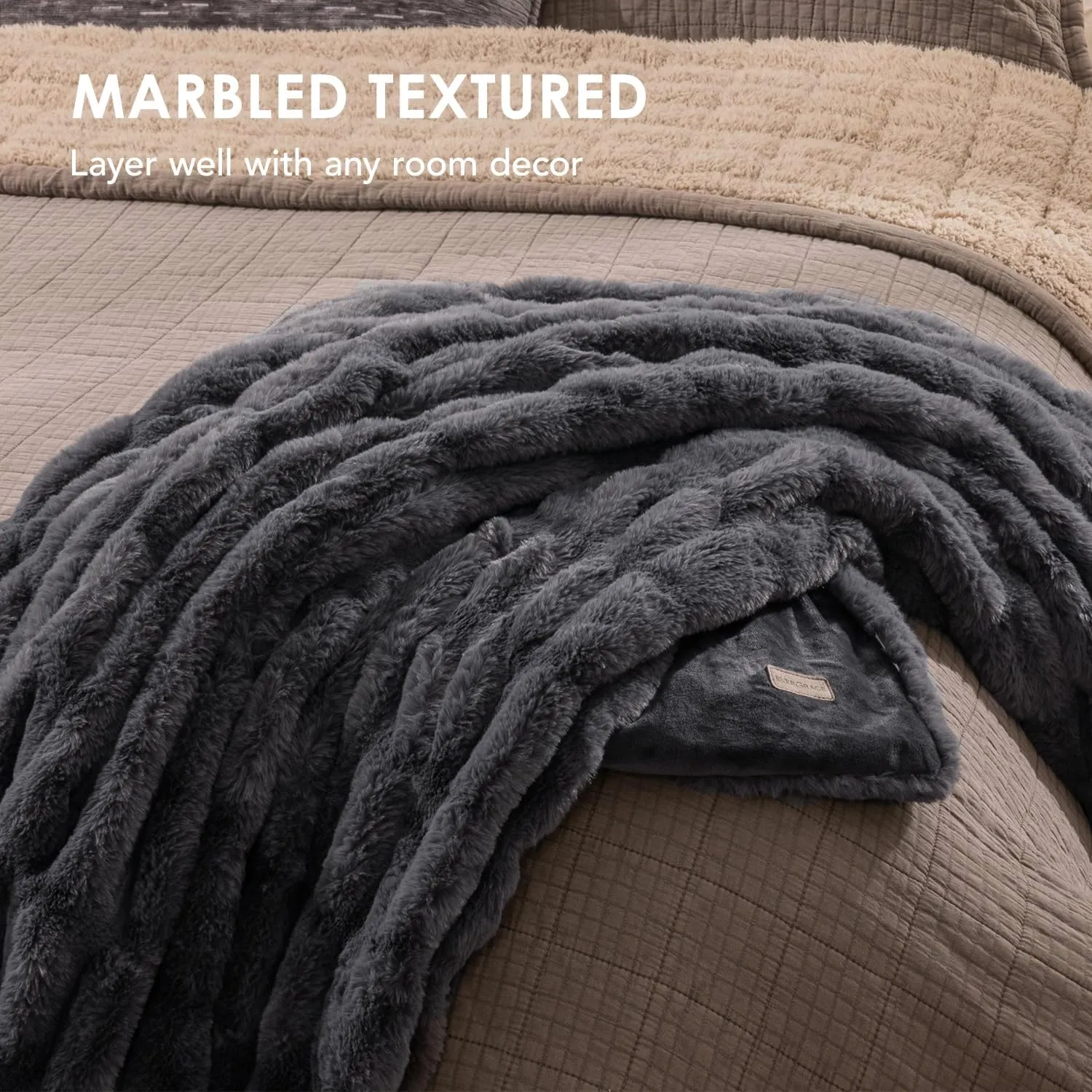EVERGRACE Luxurious Soft Faux Rabbit Fur Throw Blanket, Cozy Fuzzy Plush Warm Throws for Couch Bed Sofa Chair Decor, Ruched Bubble Fluffy Blanket with Reversible Velvet, 50" x 60", Charcoal Gray