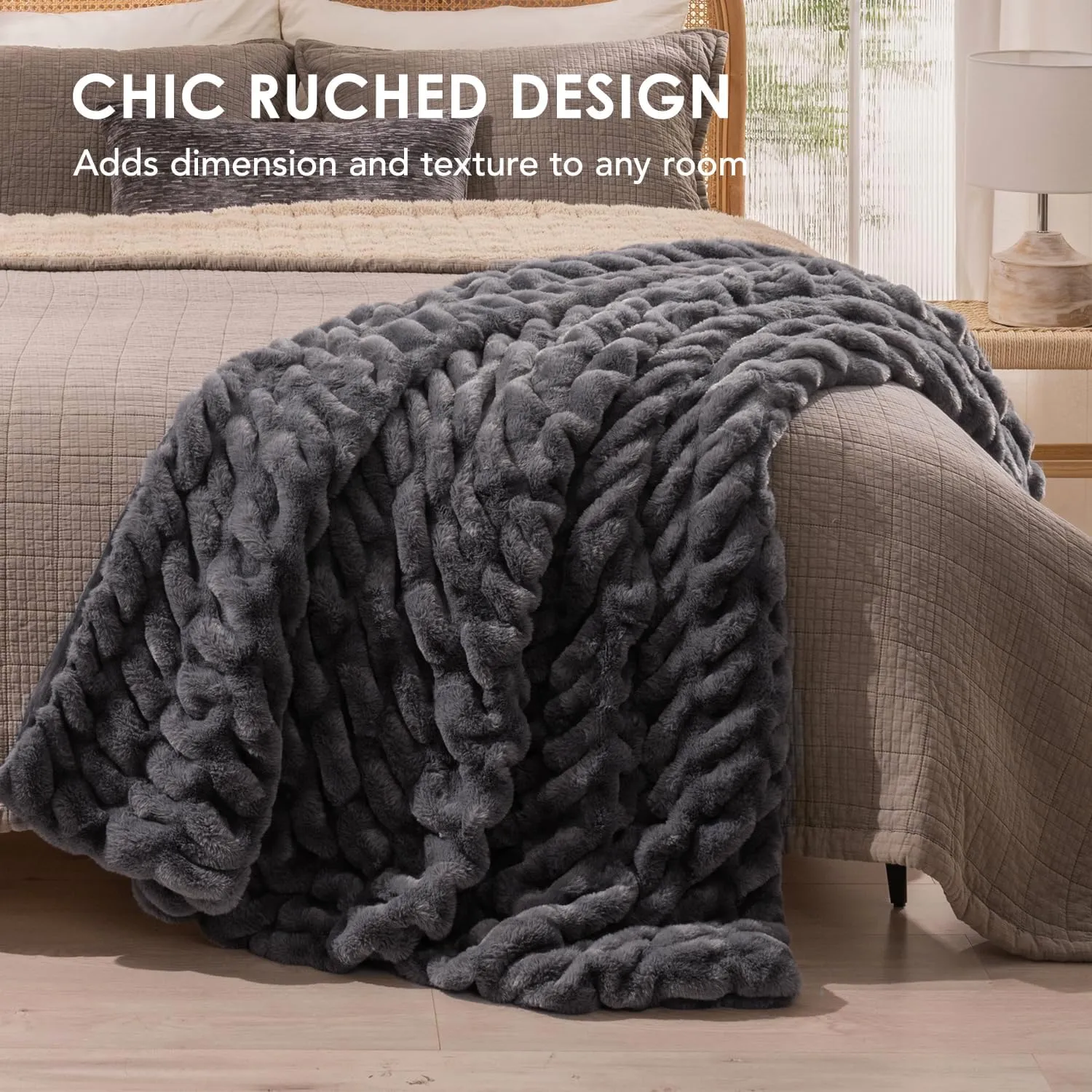 EVERGRACE Luxurious Soft Faux Rabbit Fur Throw Blanket, Cozy Fuzzy Plush Warm Throws for Couch Bed Sofa Chair Decor, Ruched Bubble Fluffy Blanket with Reversible Velvet, 50" x 60", Charcoal Gray