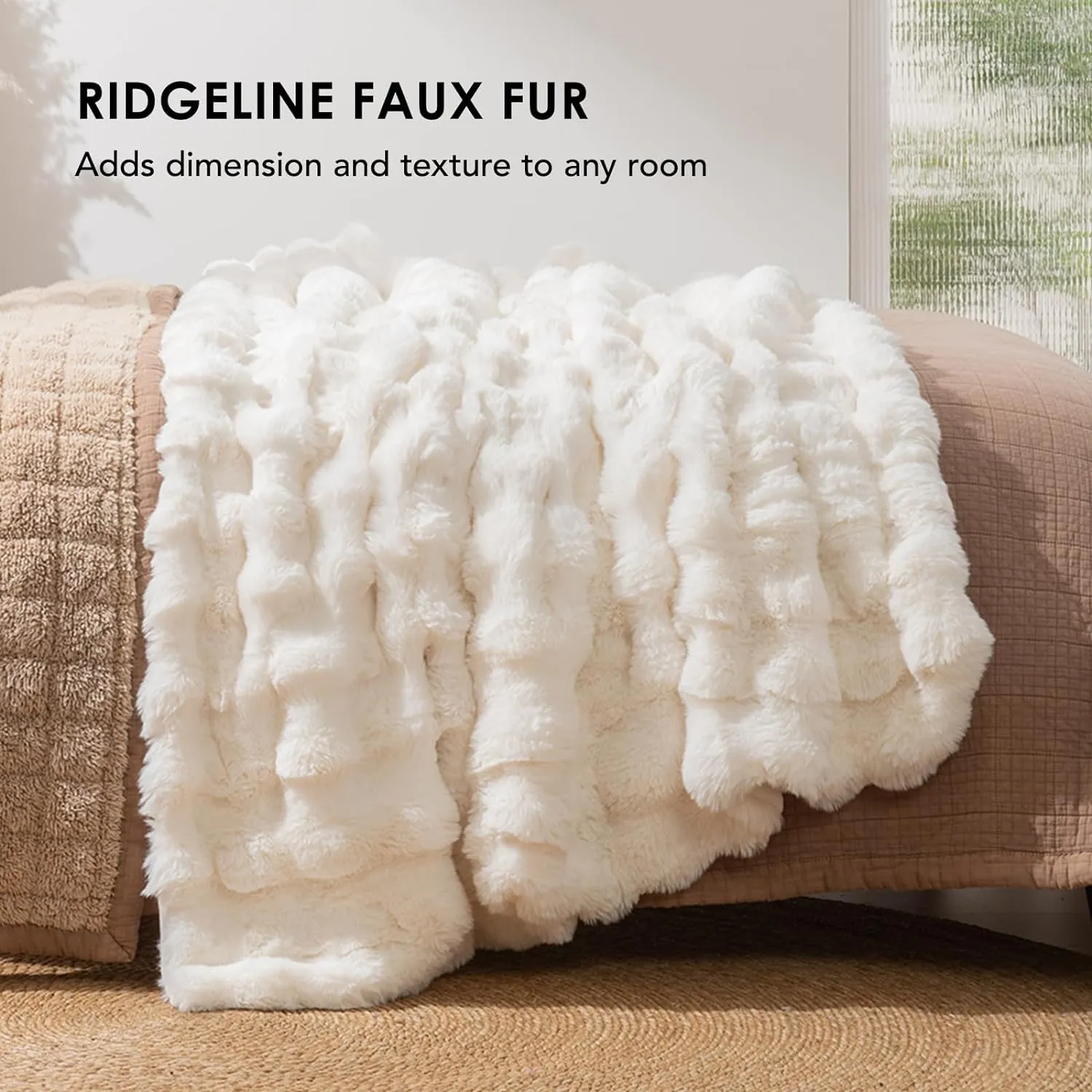 EVERGRACE Ultra Soft Luxury Fluffy Ridgeline Faux Rabbit Fur Throw Blanket, Thick Warm Bubble Throw for Bed, Cozy Plush Reversible Blankets for Couch, Chair, Sofa, Ivory White, 50x60 Inches, 870 GSM