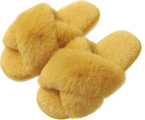 Evshine Women's Fuzzy Slippers Cross Band Memory Foam House Slippers Open Toe