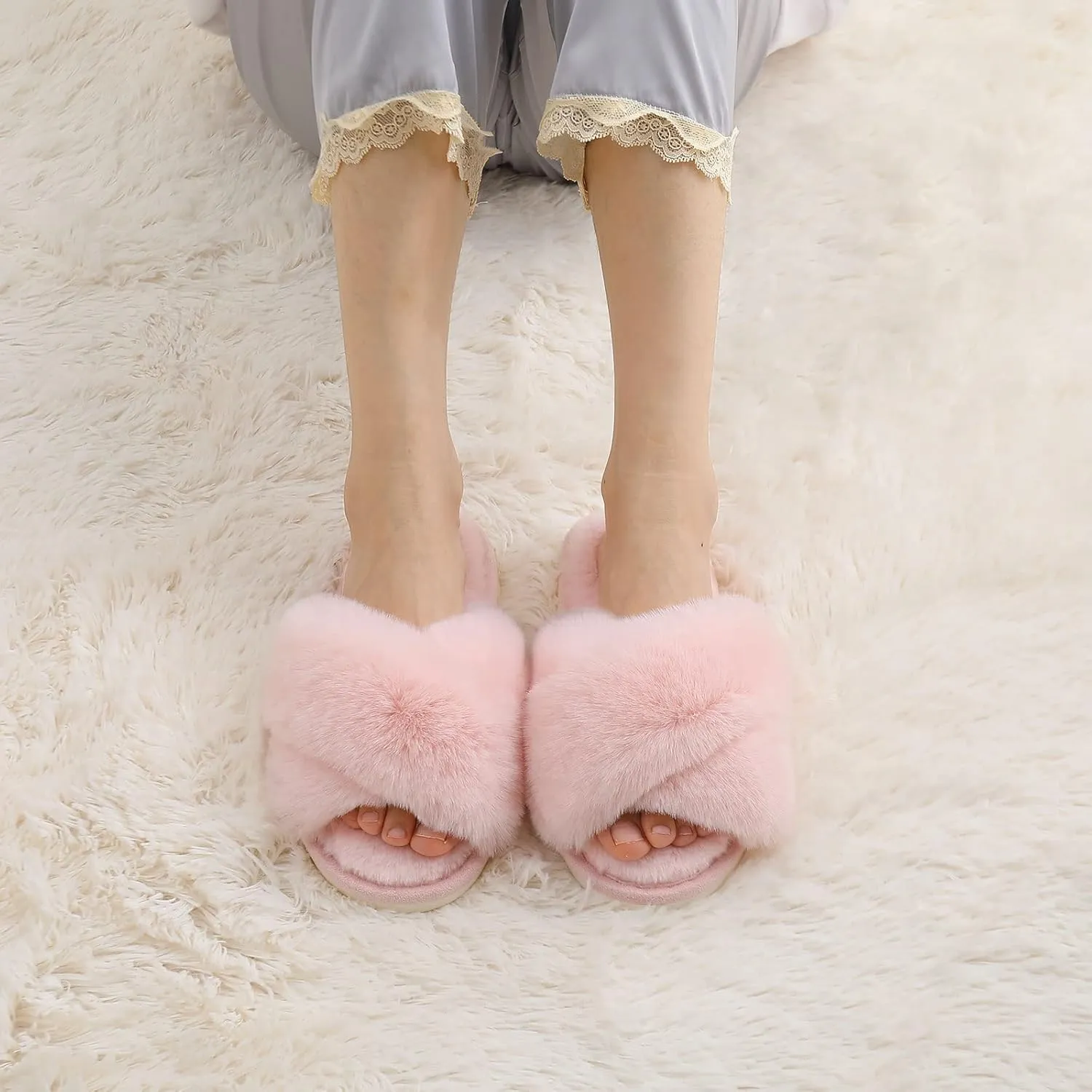 Evshine Women's Fuzzy Slippers Cross Band Memory Foam House Slippers Open Toe