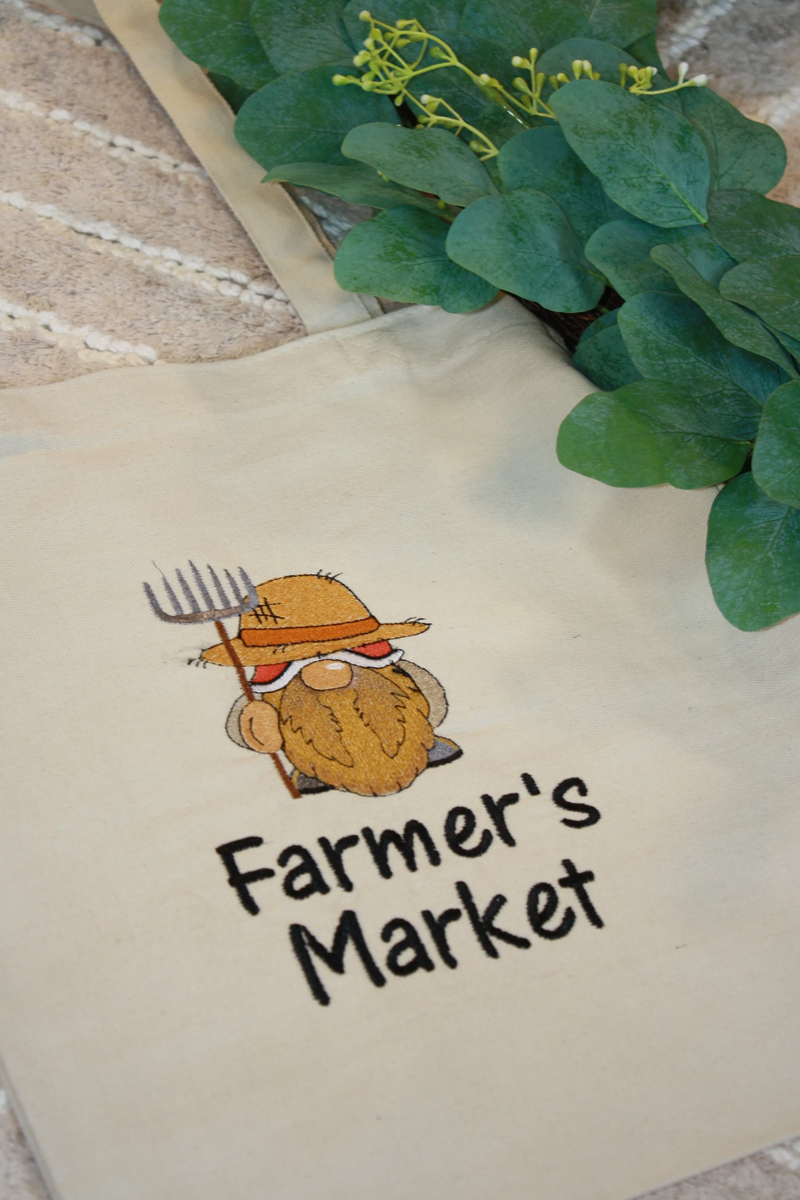 Farmer’s Market Gnome Embroidered Canvas Tote – Eco-Friendly & Stylish