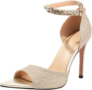 Fashion Rhinstone Stiletto High Heels Ankle Strap Sequined Cloth Sandals Pointed Toe Dress Sandals
