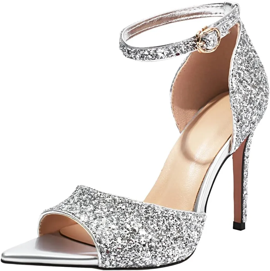 Fashion Rhinstone Stiletto High Heels Ankle Strap Sequined Cloth Sandals Pointed Toe Dress Sandals