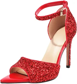 Fashion Rhinstone Stiletto High Heels Ankle Strap Sequined Cloth Sandals Pointed Toe Dress Sandals
