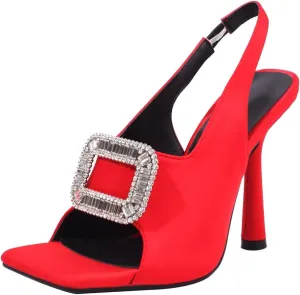 Fashion Rhinstone Stiletto High Heels Sequined Cloth Elastic Band Sandals Square Toe Dress Sandals