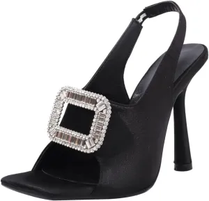 Fashion Rhinstone Stiletto High Heels Sequined Cloth Elastic Band Sandals Square Toe Dress Sandals