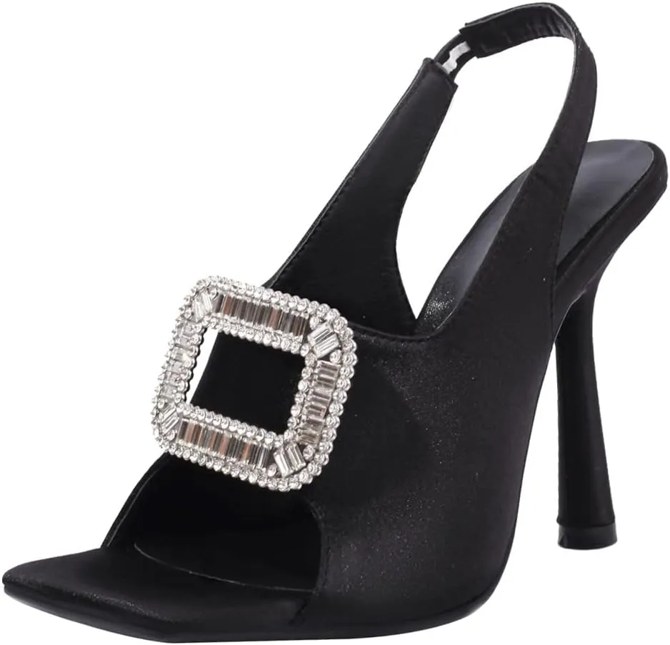 Fashion Rhinstone Stiletto High Heels Sequined Cloth Elastic Band Sandals Square Toe Dress Sandals