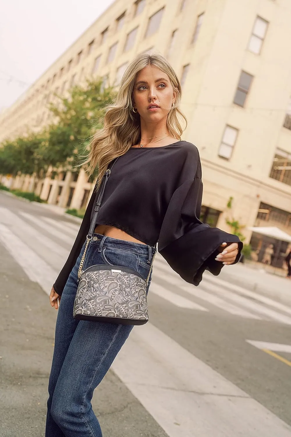 FashionPuzzle Leopard Paisley Print Small Dome Crossbody with Chain Strap