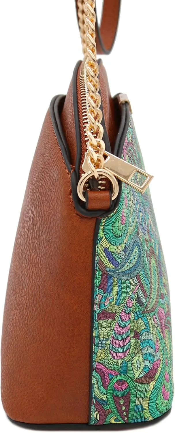 FashionPuzzle Leopard Paisley Print Small Dome Crossbody with Chain Strap
