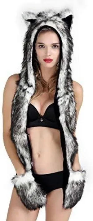 Faux Fur Animal Hat Scarf Gloves Mittens 3-in-3 Function Furry Hoodie with Paws Ears