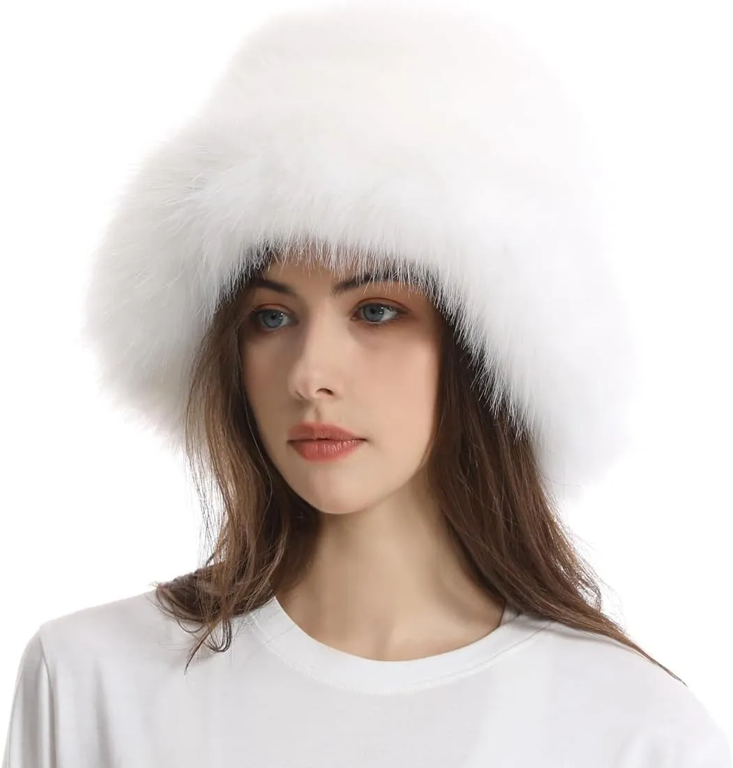 Faux Fur Bucket Hats Winter Warm Wide Brim Fisherman Cap for Women Fluffy Fuzzy Bucket Hat