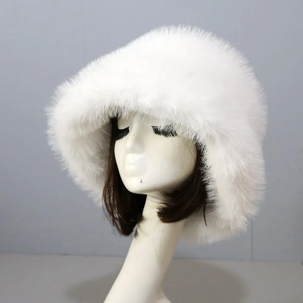 Faux Fur Bucket Hats Winter Warm Wide Brim Fisherman Cap for Women Fluffy Fuzzy Bucket Hat